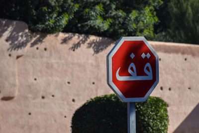 Close-up of road sign against wall