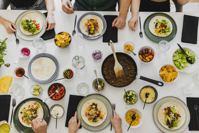 Overhead view of mexican feast on table