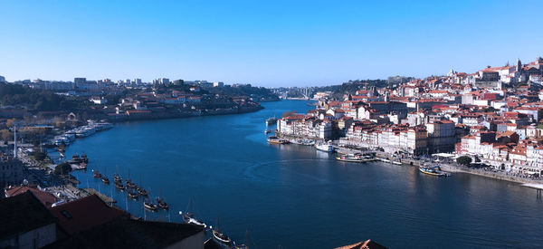 High angle view of river and buildings against clear sky