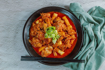 High angle view of food in bowl on table