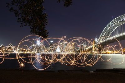 Light trails on illuminated sydney skyline