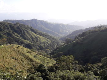 High angle view of trees and mountains against sky