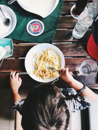 High angle view of man having food