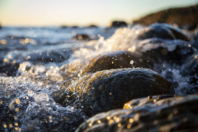 Stony beach stones and rocks sunlit in the evening closeup, texture sunset and sunrise