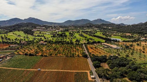 High angle view of agricultural field against sky