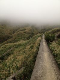 View of footpath leading towards foggy weather