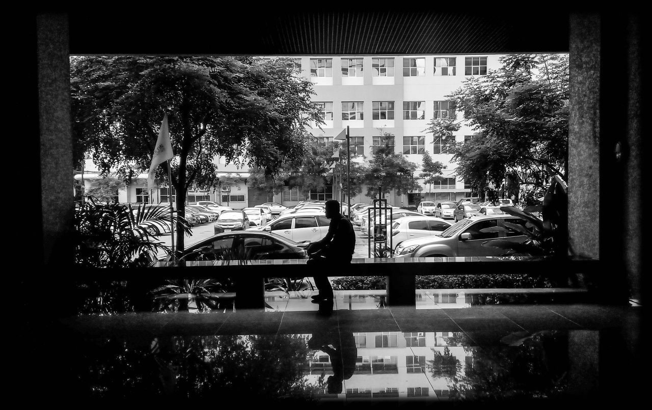 architecture, built structure, building exterior, transfer print, reflection, window, city, tree, water, auto post production filter, glass - material, building, residential building, residential structure, indoors, transparent, canal, city life, railing, day