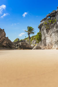 Surface level of rocks on beach against sky