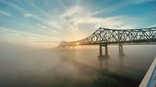 Suspension bridge over river against sky during sunset