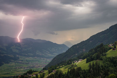 Lightning bolt strikes in the mountains of the alps