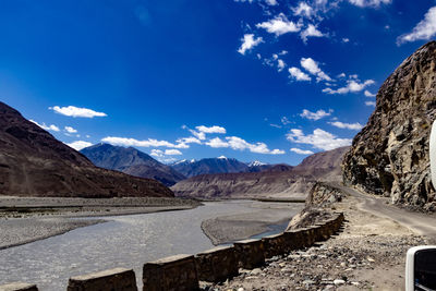 Scenic view of snowcapped mountains against blue sky