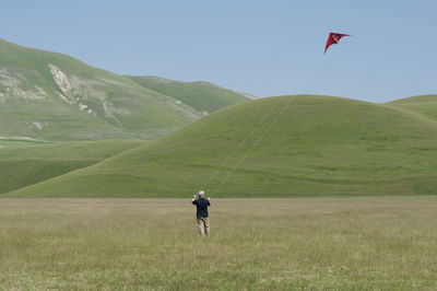 Rear view of man flying kite on grassy field against clear sky