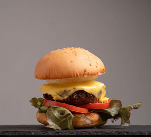 Close-up of burger against white background