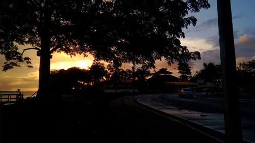Road by trees against sky during sunset