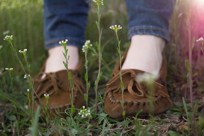 Low section of woman standing on grassy field