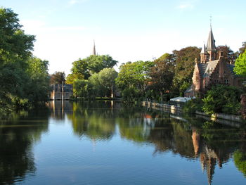 Reflection of trees and buildings in river