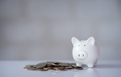 High angle view of coins on table