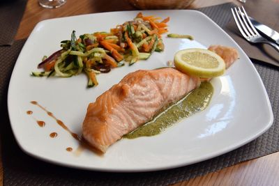 High angle view of fresh meal served on table in restaurant