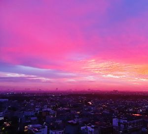High angle view of townscape against sky during sunset