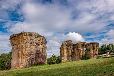 Rock formations on landscape against sky