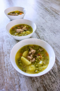 High angle view of soup in bowl