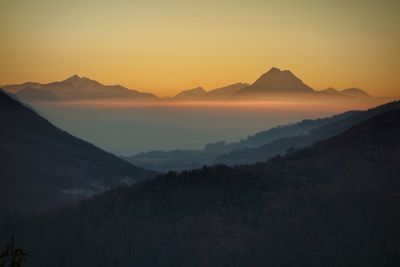 Scenic view of mountains against sky during sunset