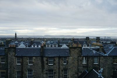 High angle view of buildings against sky