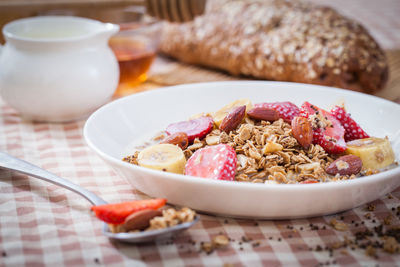 Close-up of breakfast served on table