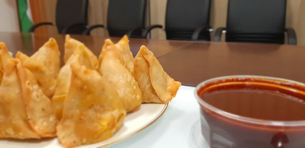 Close-up of pasta in plate on table
