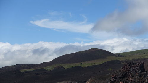 Scenic view of mountains against blue sky