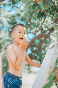 Shirtless boy standing on ladder by tree