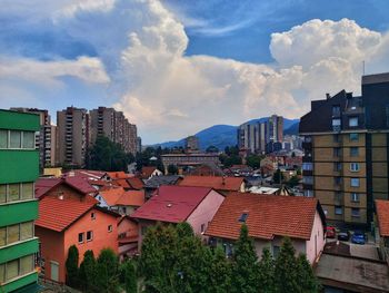 High angle view of residential district against sky