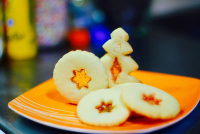 Close-up of fruits in plate on table