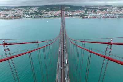The 25 april bridge ponte 25 de abril located in lisbon, portugal, crossing the tagus river. drone.