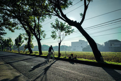 Rear view of man walking on road