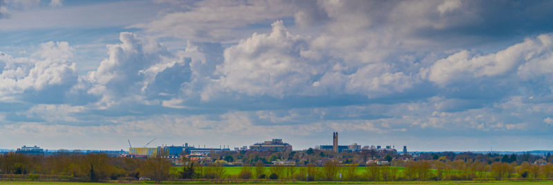 Panoramic view of cambridgeshire country side with addenbrookes cambridge nhs university hospital