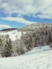 Snow covered landscape against sky