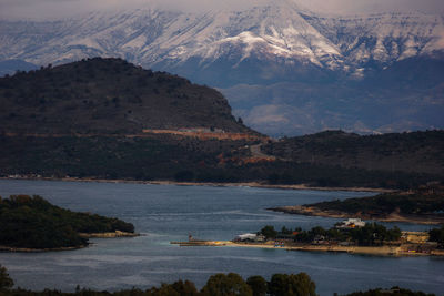 Scenic view of lake by mountains against sky