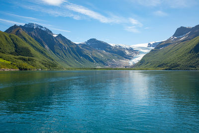 Scenic view of lake and mountains against sky