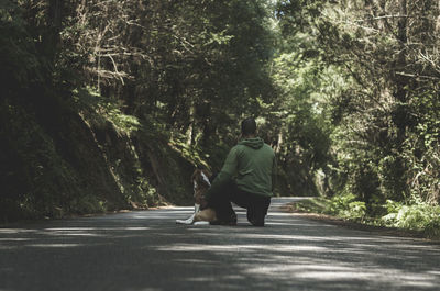 Rear view of man walking in forest