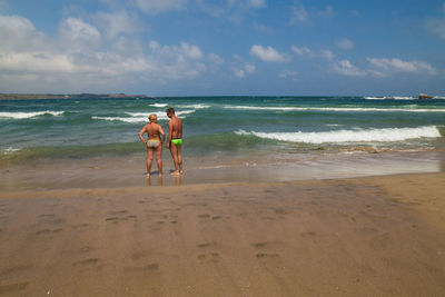 Rear view of friends on beach against sky