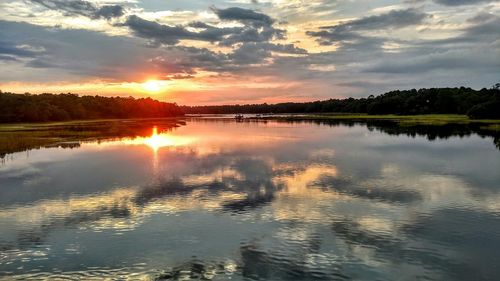 Scenic view of lake at sunset