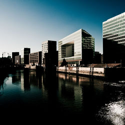 River by city against sky during sunset