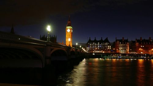 Tower bridge over river at night