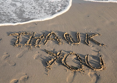 High angle view of text on sand at beach