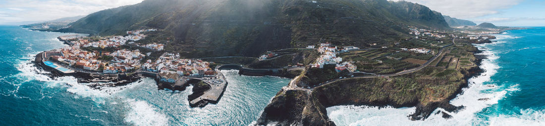 Panoramic view of island town by the sea 