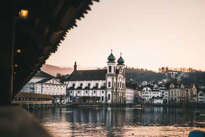 A beautiful view from the kapellbrücke on the jesuitenkirche in lucerne, switzerland.