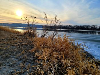 Scenic view of lake against sky during sunset