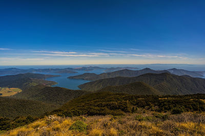 Scenic view of landscape and mountains against blue sky