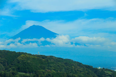 Scenic view of mountains and sea against sky